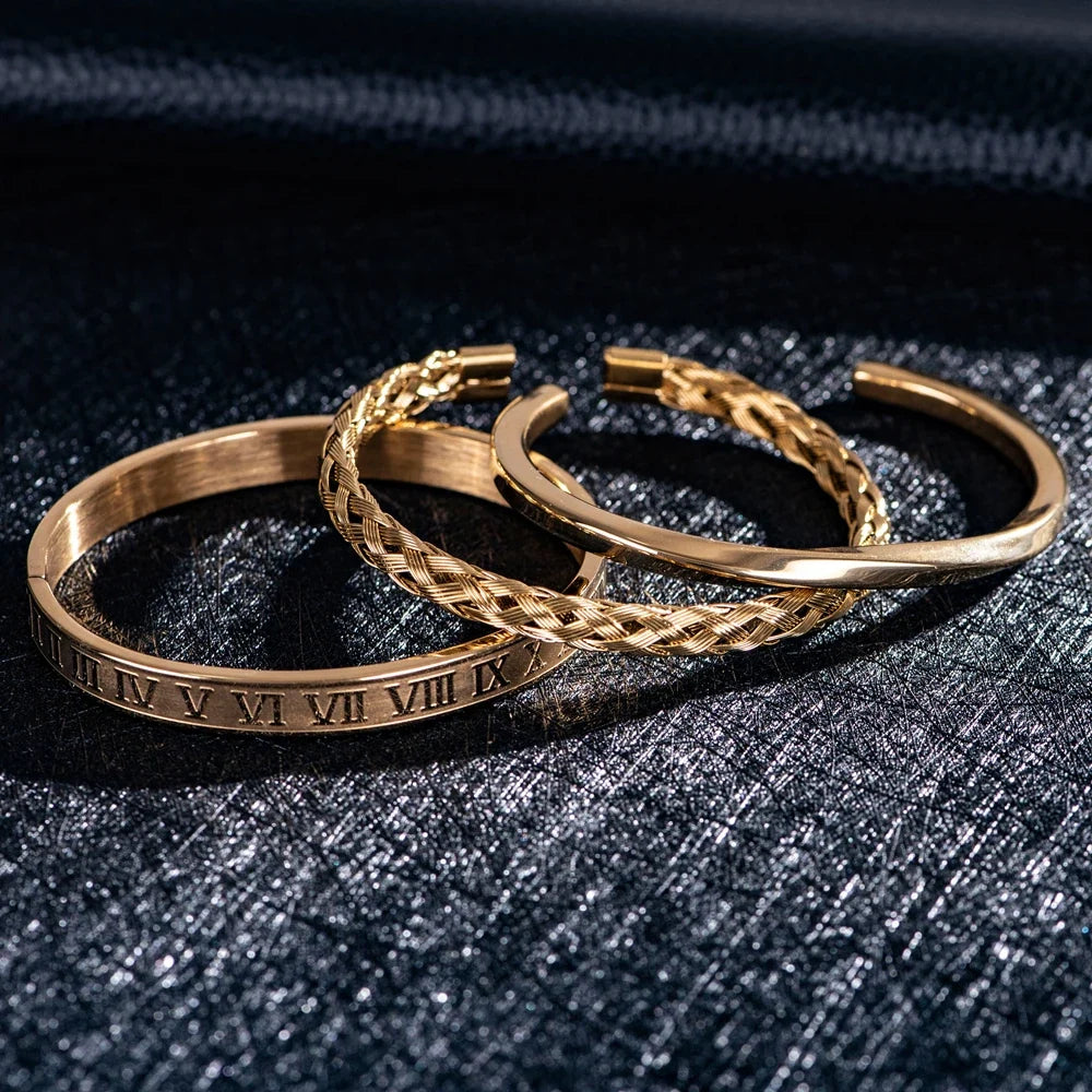 Roman Steel Triple Stack Bracelet Set